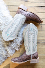 R Watson Womens Kango Tobacco Bruciato Full Quill Ostrich in Bone Sinatra brown leather ostrich cowboy boot Boltranchstore.com