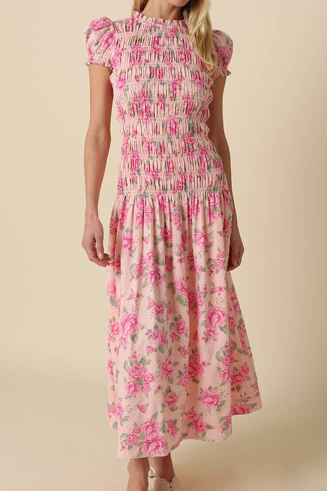 Rachael Puff Sleeve Maxi Dress a smocked dressed in a pleated bottom in a floral design at boltranchstore.com