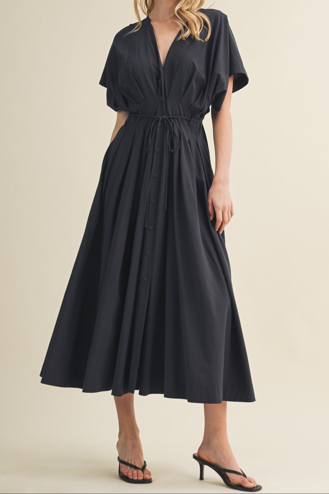 Ragina Double Strap Dress a black with waist tie full button up at boltranchstore.com