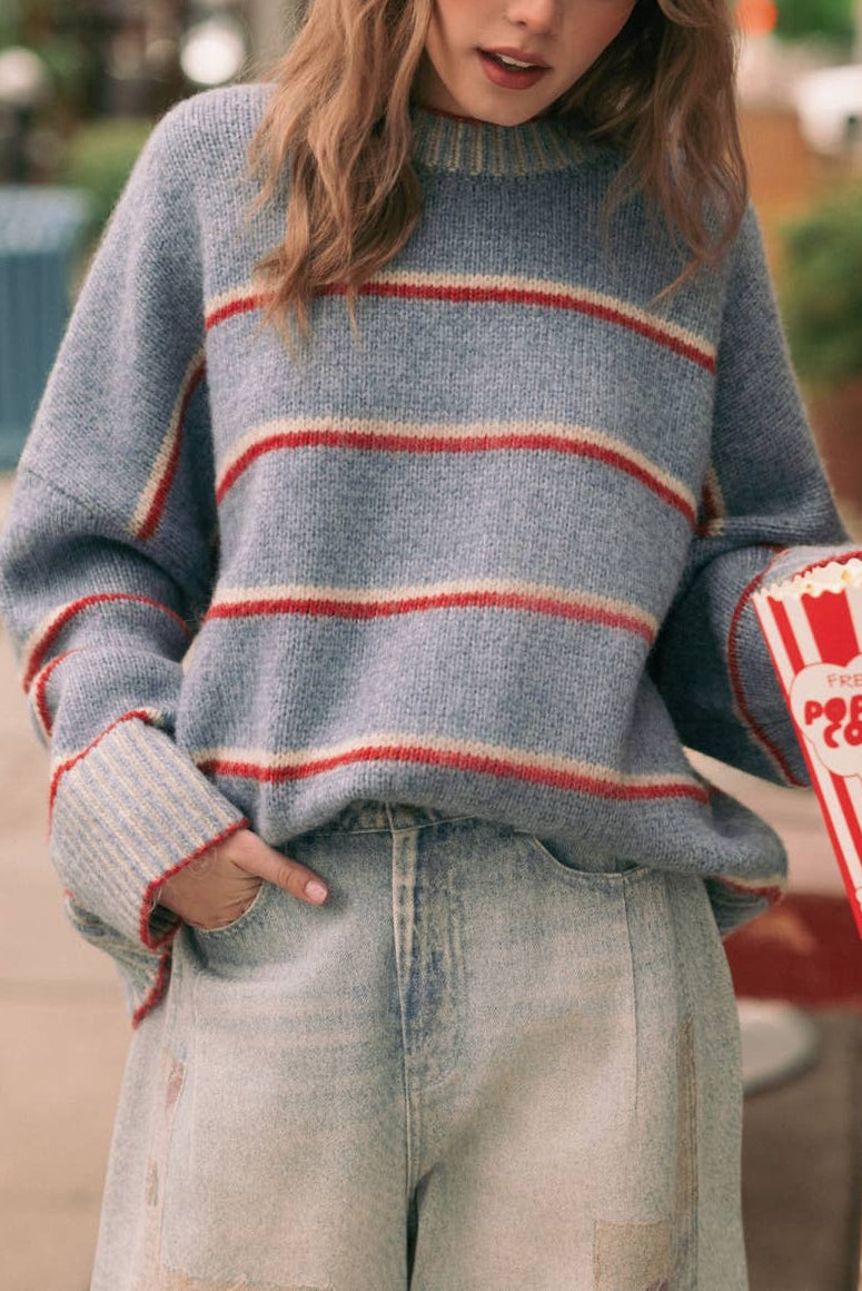 Womens Rebecca Stripe Sweater Top in a soft blue with red and cream stripes gives a vintage feel. Anthropologie dupe sold near me at bolt ranch store in Kamas Utah near Ballerina Farms