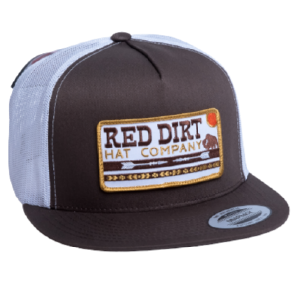 Brown and white 5-panel style snapback cap featuring the “Arrows” patch Red Dirt Hat Co available at boltranchstore.com