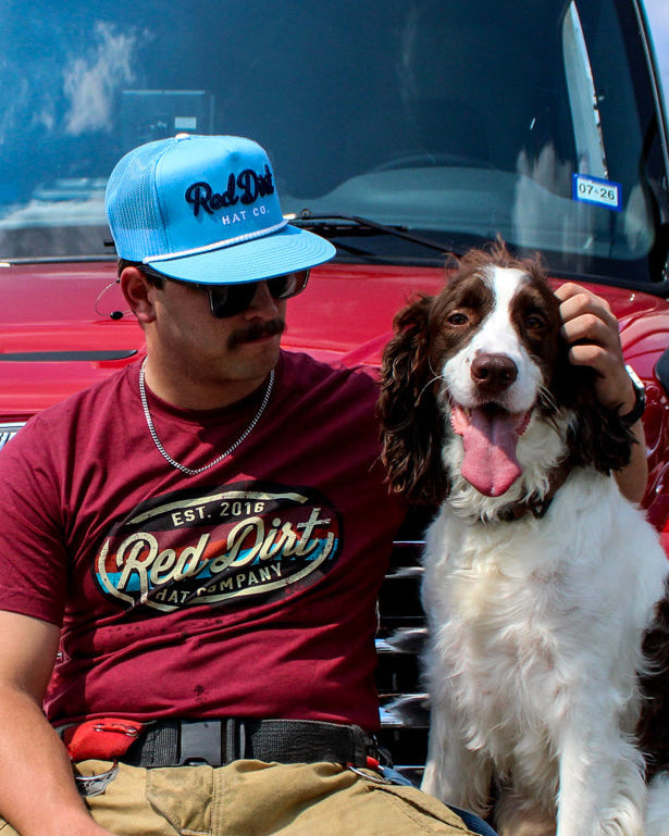 Red Dirt Hat Cowboy Bill Hat  Light Blue/Light Blue with white rope Classic 5 panel flat bill style snapback cap featuring the “Cowboy Bill” direct stitching at boltranchstore.com