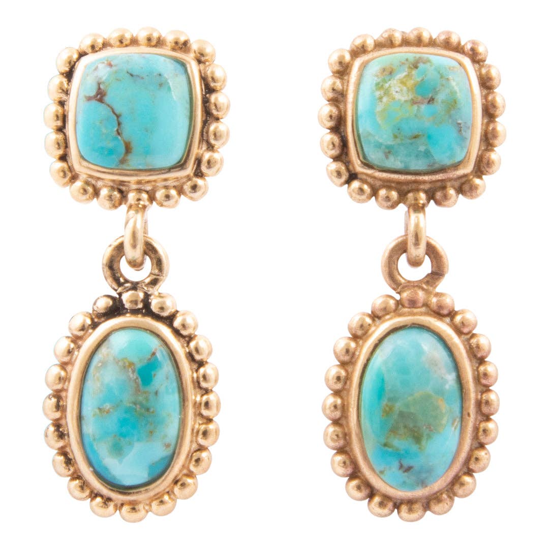 Pair of earrings with turquoise stones and gold frames  Refined Blue Turquoise Double Drop Golden Earrings at boltranchstore.com free shipping in stock 