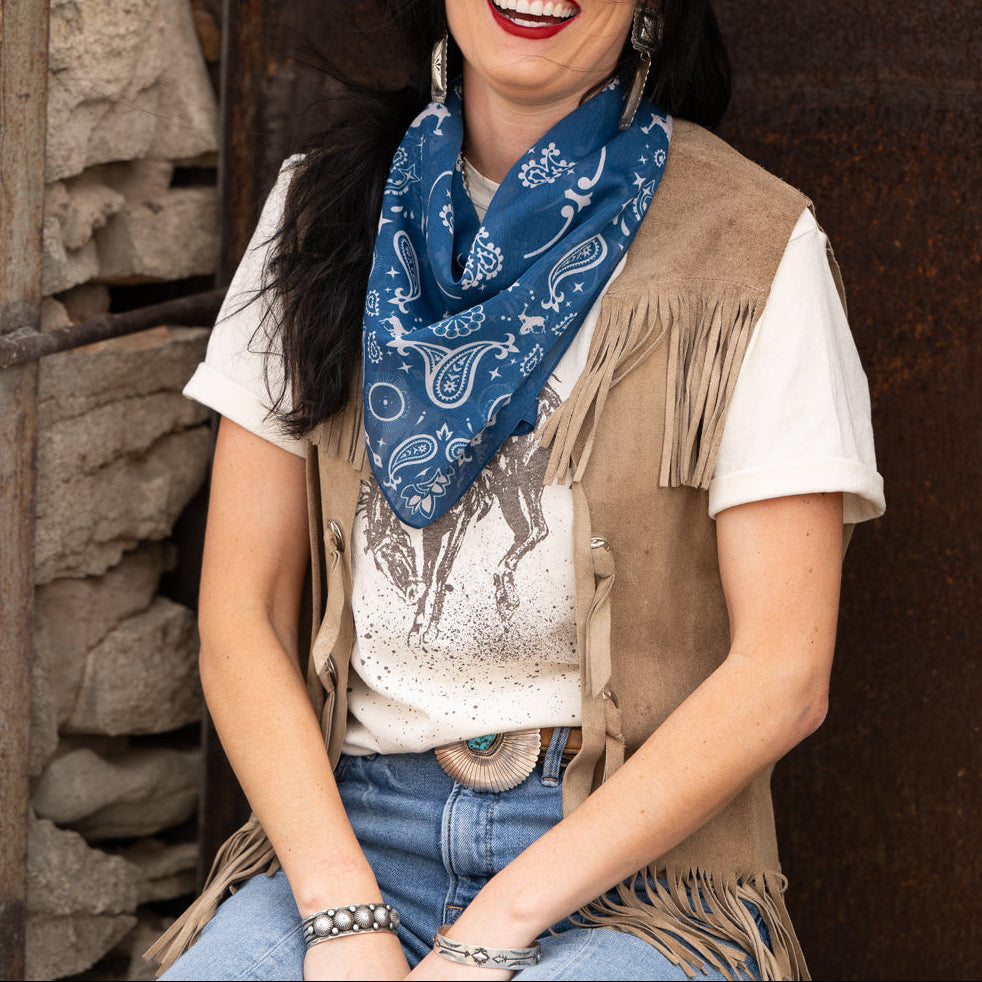 Fringe  Renegade Bandana blue red cream traditional cotton bandana western fashion wildrag Boltranchstore.com