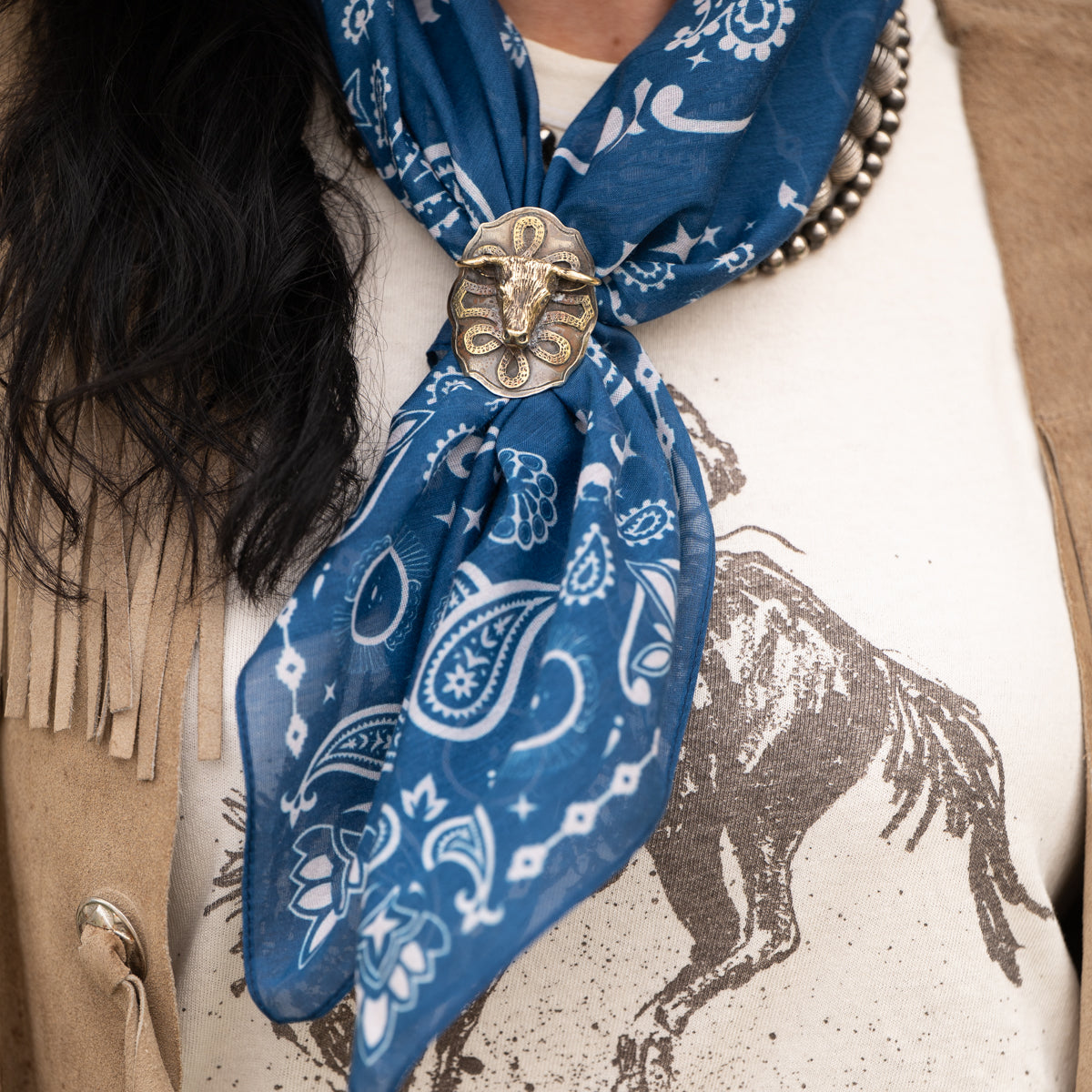Fringe Bull Slide silver wildrag tie western fashion Boltranchstore.com Free shipping mens womens jewelry unisex