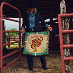 Fringe Ride Em Cowboy Silk Scarf Jade one inch Fringe logo on the center edge ranch wear