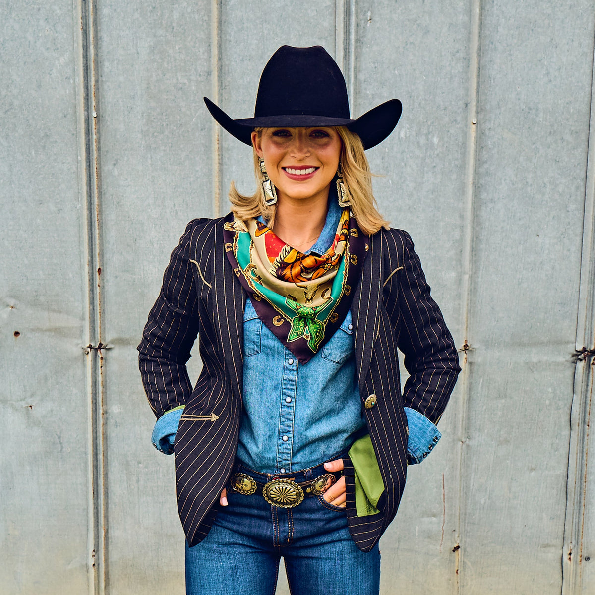 Fringe Ride Em Cowboy Silk Scarf Jade pairs with fringed suede and leather jackets Kamas