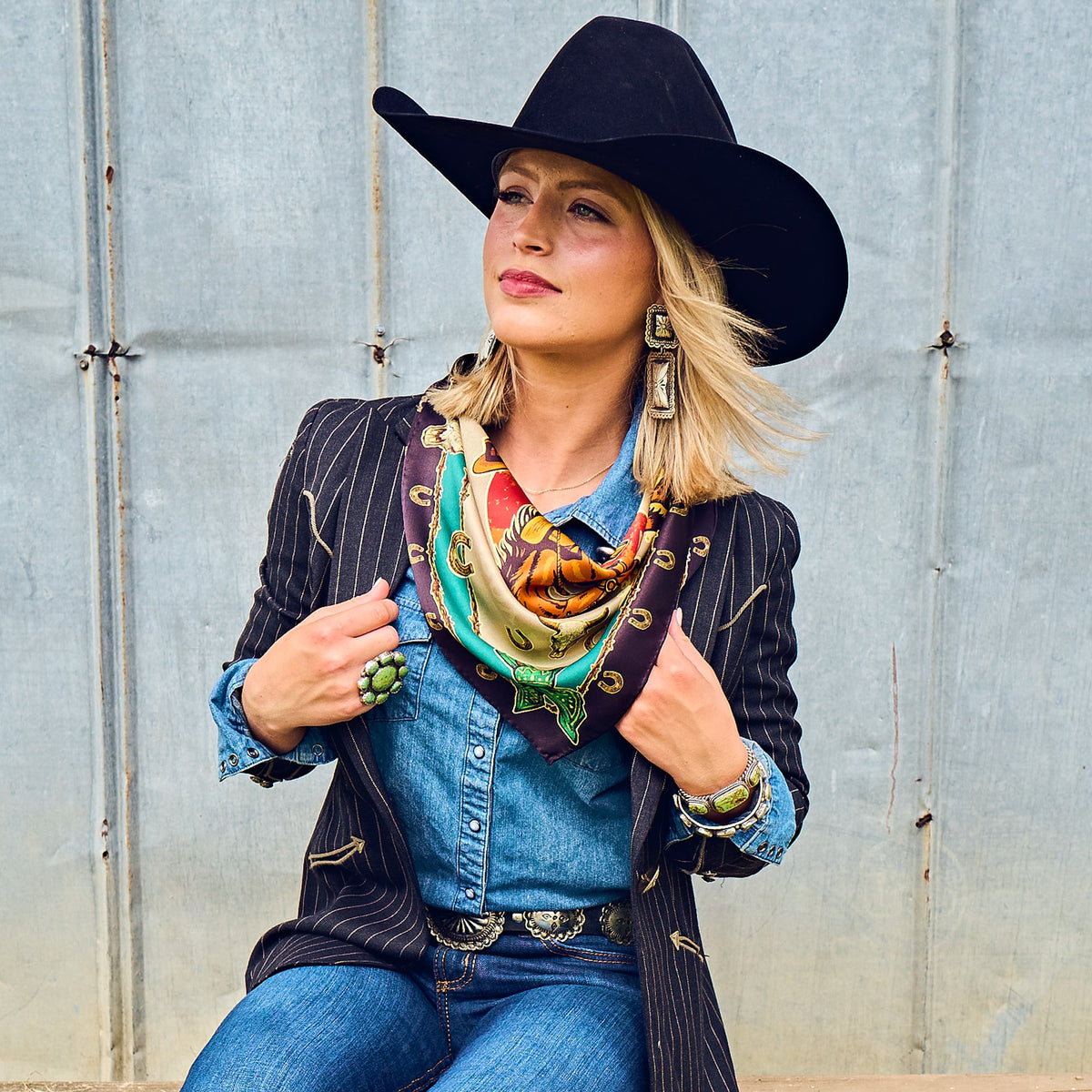 Fringe Ride Em Cowboy Silk Scarf Jade square silk scarf that drapes soft and fluid cowgirl