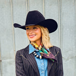 Fringe Ride Em Cowboy Silk Scarf Jade holds a scarf slide at the collar ranch wear Kamas