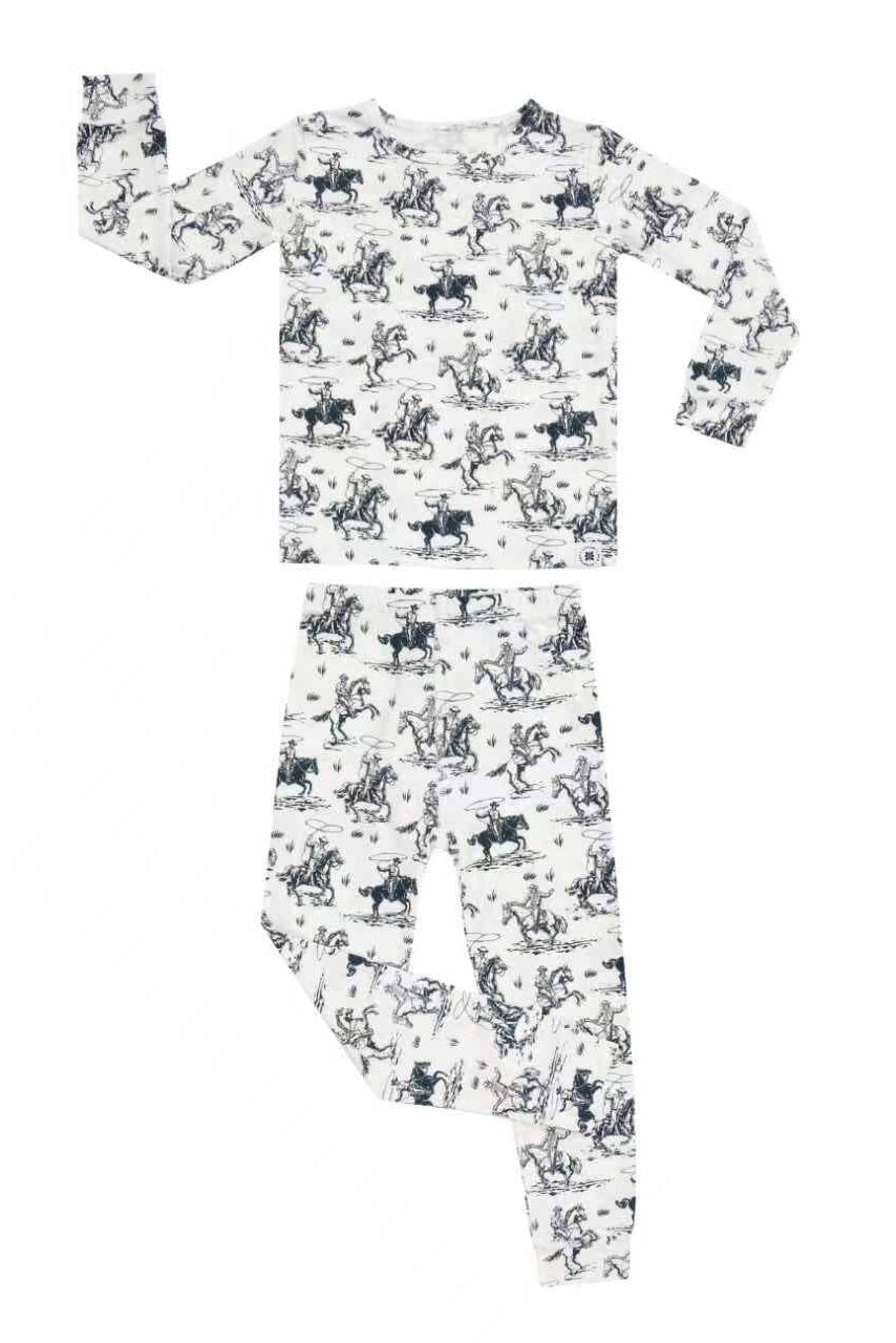 Rips Ranch Big Kid Pajama Full-length pajama set with horse and rider pattern on a white background black and white pjs toddler boltranchstore.com