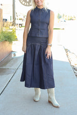 womens skirt set in denim with yellow stitching is aperfect western flare outfit for this fall Rita Denim Top and Midi Skirt Set 