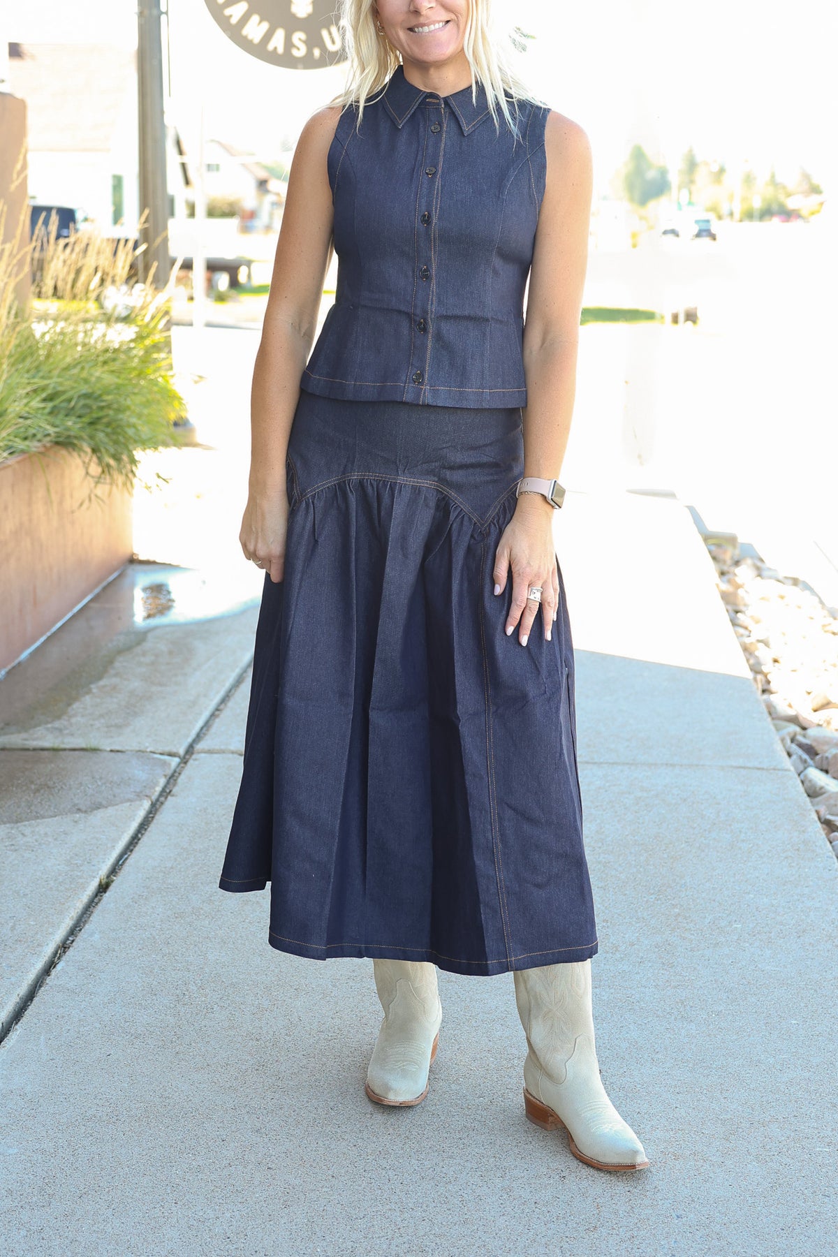 womens skirt set in denim with yellow stitching is aperfect western flare outfit for this fall Rita Denim Top and Midi Skirt Set 