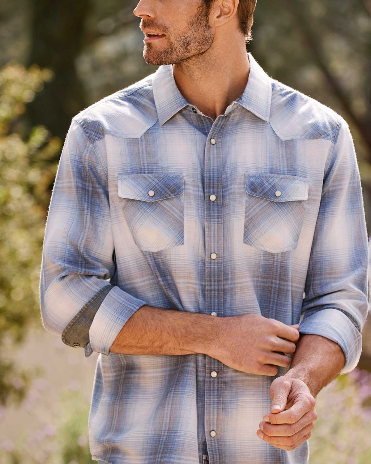 SP26WS3178 Rocklin Vintage Soft Western Shirt buy at boltranchstore.com mens blue and gray plaid shirt Flag & Anthem