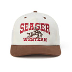 Seager Rodeo Cream Brown Snapback Hat with a horse rider western and brown brim with red embroidered at boltranchstore.com