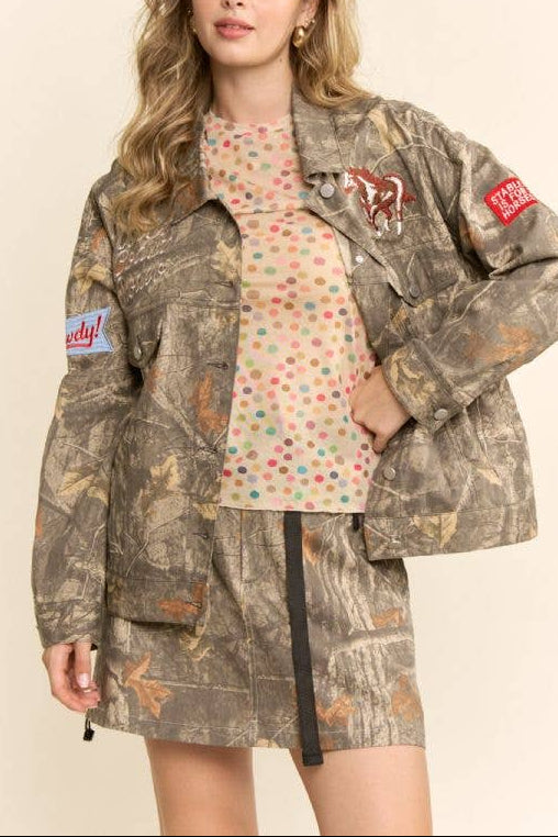 Womens Rodeo Patch Camo Jacket sold near me at Bolt Ranch Store a womens western clothing boutique