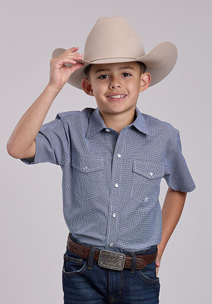 Roper Boys Amarillo Plaid Navy Shirt a snap shirt in blue with back and front yoke and two front snap down pockets available at boltranchstore.com