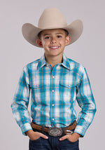 Roper Boys Happy Trails Shirt a Green Teal Plaid with button up front a perfect boys rodeo shirt at boltranchstore.com
