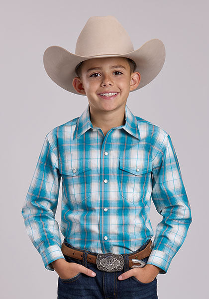 Roper Boys Happy Trails Shirt a Green Teal Plaid with button up front a perfect boys rodeo shirt at boltranchstore.com