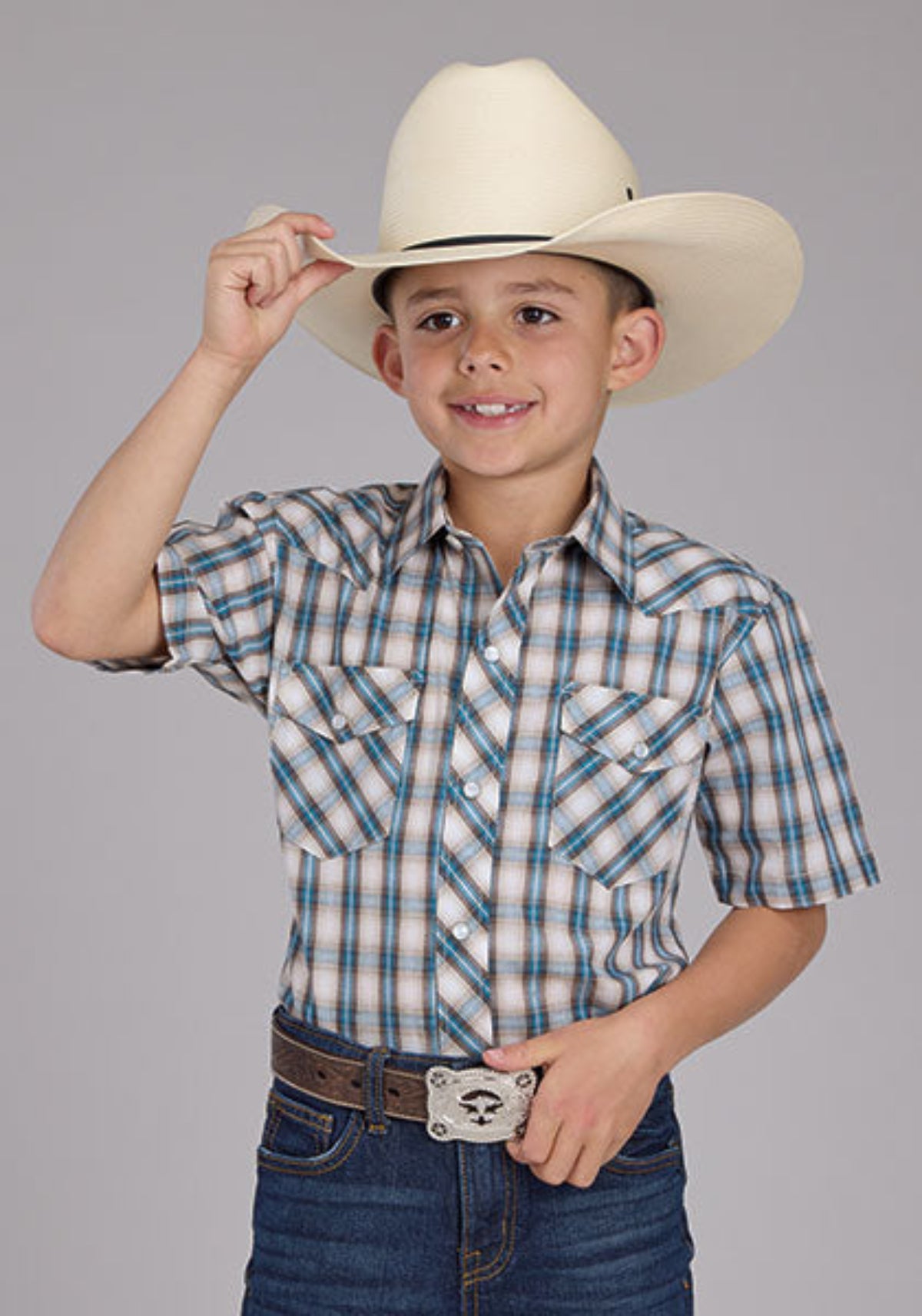 Roper Boys Turquoise Plaid SS Shirt Find this at Boltranchstore.com