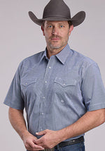 Roper Mens Amarillo Plaid Navy Short Sleeve Shirt with two front snap down buttons and collar a stretch poplin shirt at boltranchstore.com