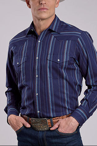 Roper Mens Navy Stripe cowbo button up pearl snap western blue shirt free shipping at boltranchstore.com
