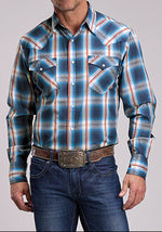 Roper Mens Star Dobby Plaid Shirt in a snap up shirt with the stars in red and a blue and white plaid available at boltranchstore.com