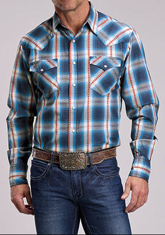 Roper Mens Star Dobby Plaid Shirt in a snap up shirt with the stars in red and a blue and white plaid available at boltranchstore.com