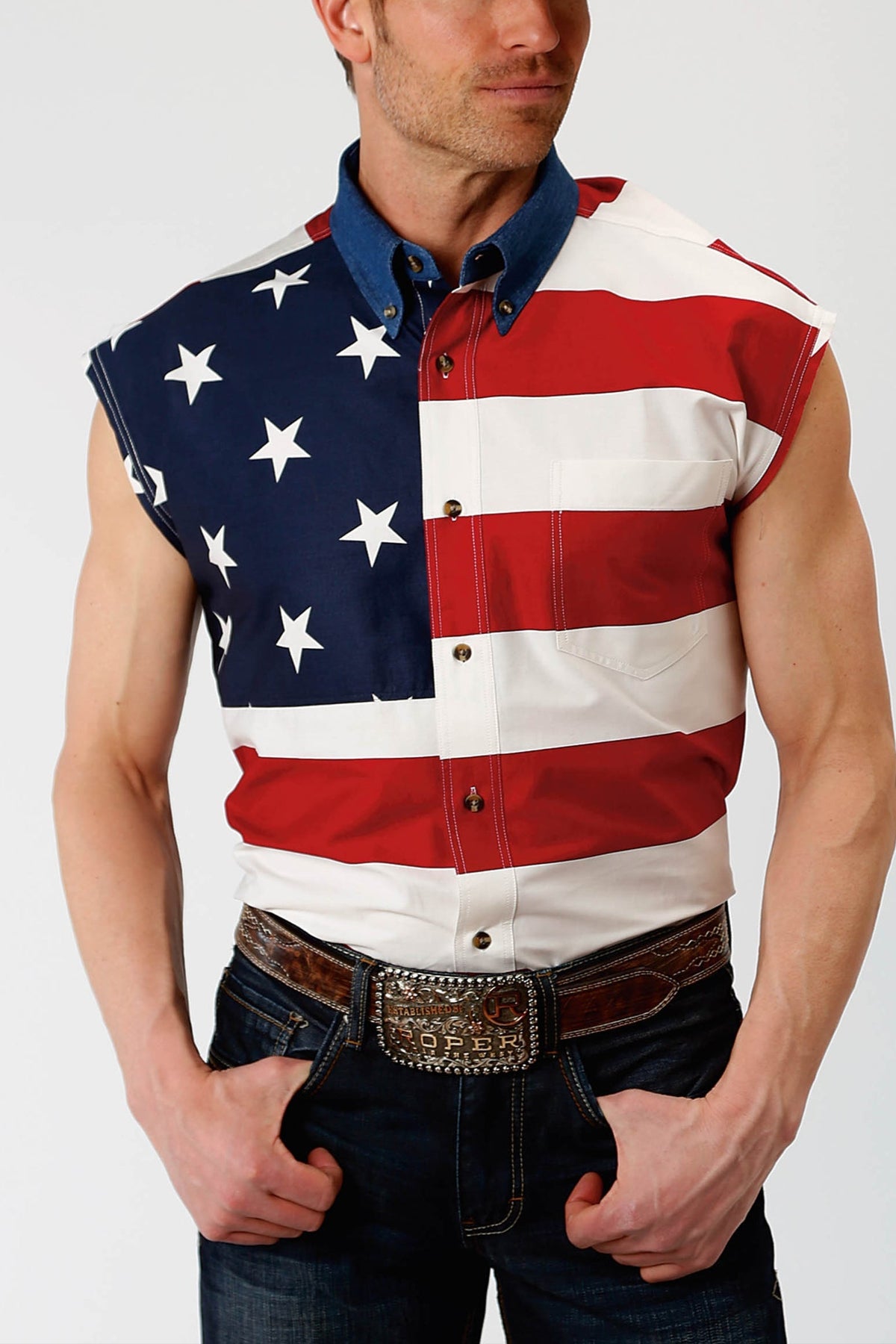 Roper Mens Stars & Stripes Sleeveless Shirt american flag mens muscle shirt rodeo red white blue free shipping Boltranchstore.com