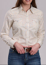 Roper Womens Stars And Stripes Shirt in a red and white striped on a cream shirt with a snap up front at boltranchstore.com