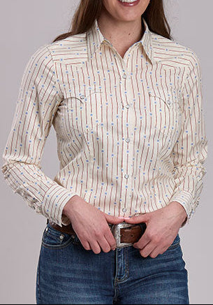 Roper Womens Stars And Stripes Shirt in a red and white striped on a cream shirt with a snap up front at boltranchstore.com
