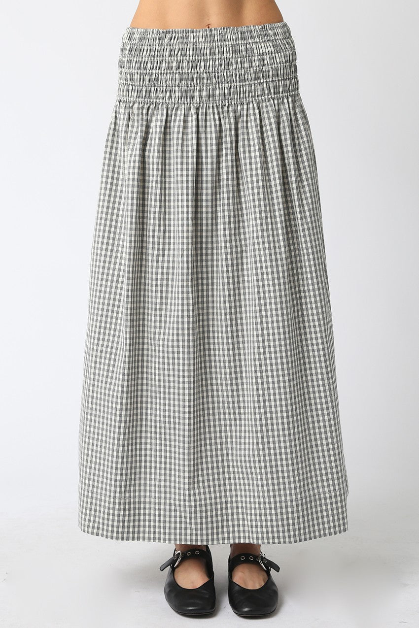 Womens Rory Gingham Skirt features a smocked waistband and a flowy gingham fabric black and cream Boltranchstore.com free shipping