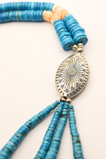 Royston Turquoise Necklace features handcut turquoise discs and and coral discs. Stunning piece of vintage navajo jewelry. Stones are arranged on a handwoven cord for a loop necklace design (no clasp). Also features a sterling silver shell pendant.