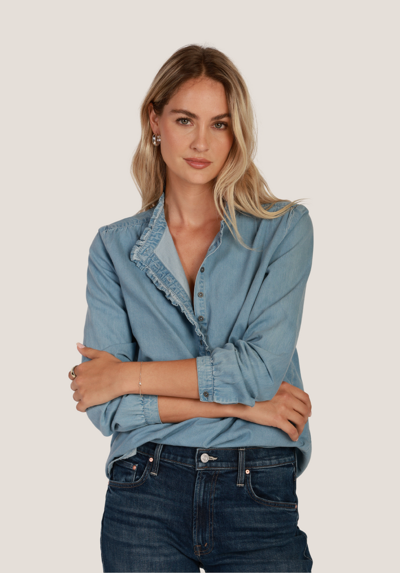 Dylan Womens Denim Ruffle Up Blouse