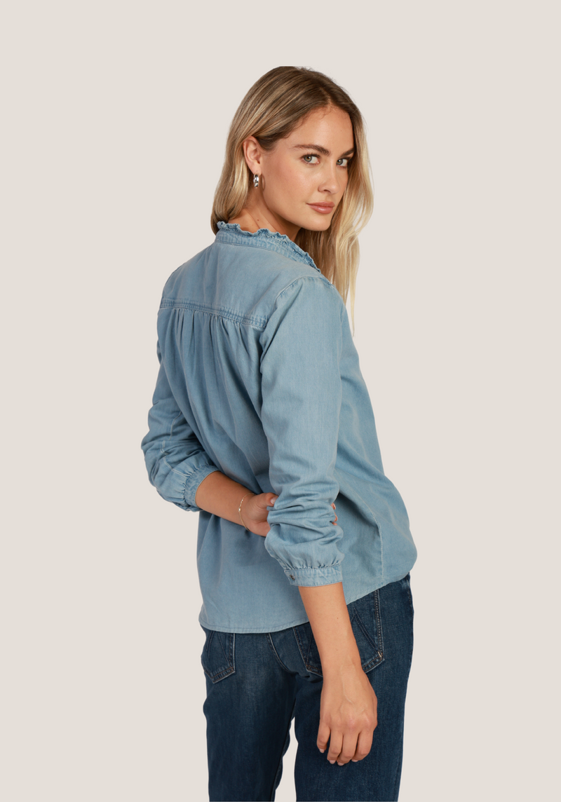 Dylan Womens Denim Ruffle Up Blouse