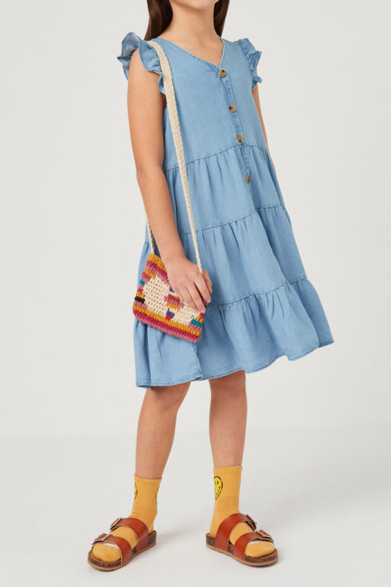 Ruffle Button Down Tiered Dress girls dresses at Bolt Ranch Store free shipping flutter sleeve midi denim dress