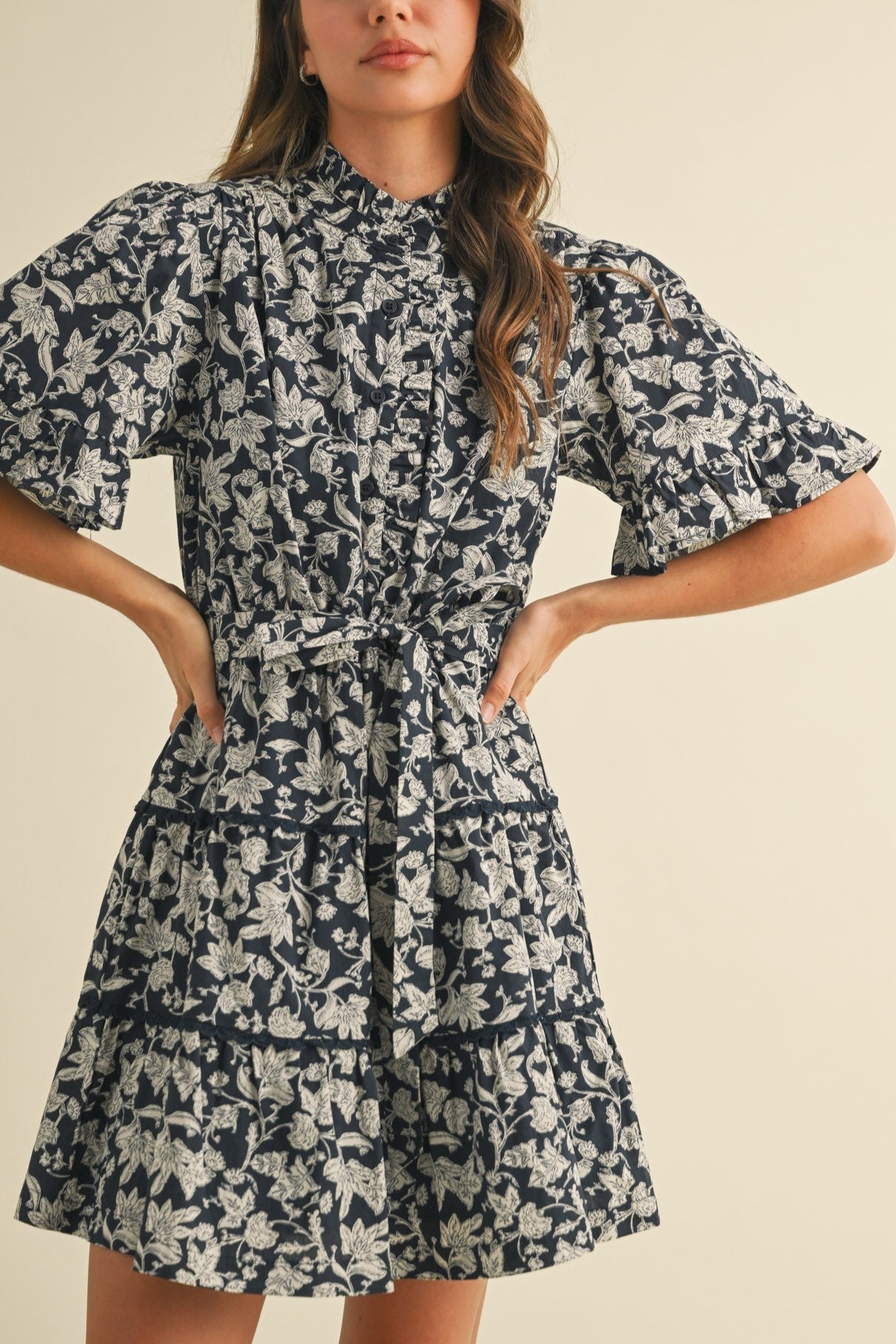 Womens Ruffled Button Down Floral Mini Dress blue floral short tie waist free shipping at Boltranchstore.com