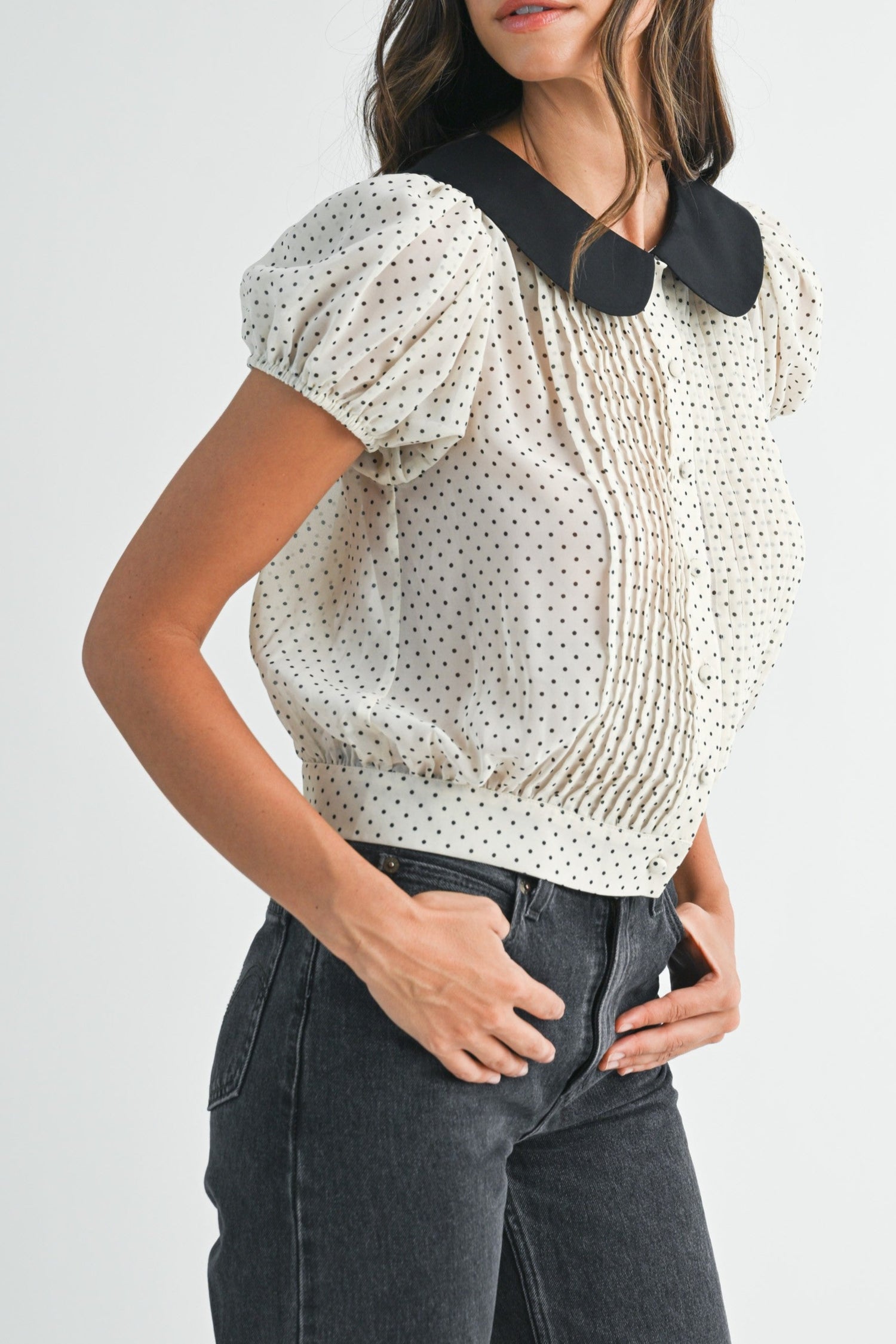 Rya Polka Dot Blouse womens peter pan blouse button down cream at Boltranchstore.com