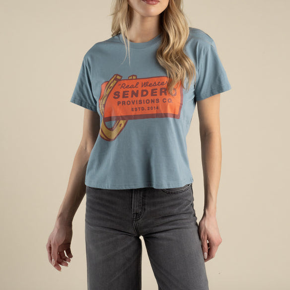 Sendero Womens Real Western Boxy Tee free shipping at boltranchstore.com summer short sleeve shirt blue western horseshoe
