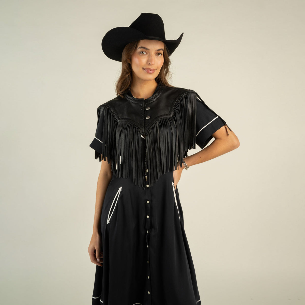 Sendero Lillie Fringe Collar Black black leather piece that pairs with a felt cowboy hat rodeo