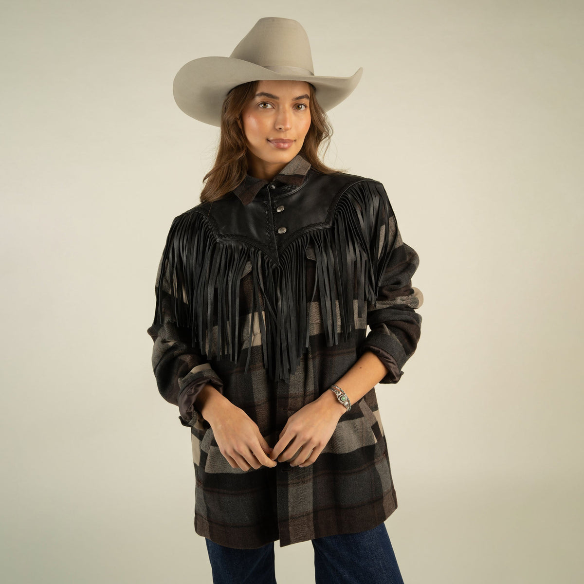Sendero Lillie Fringe Collar Black styled over a simple tank for a night out two stepping