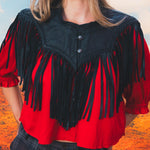 Sendero Lillie Fringe Collar Black layered over a white blouse for a western fashion statement