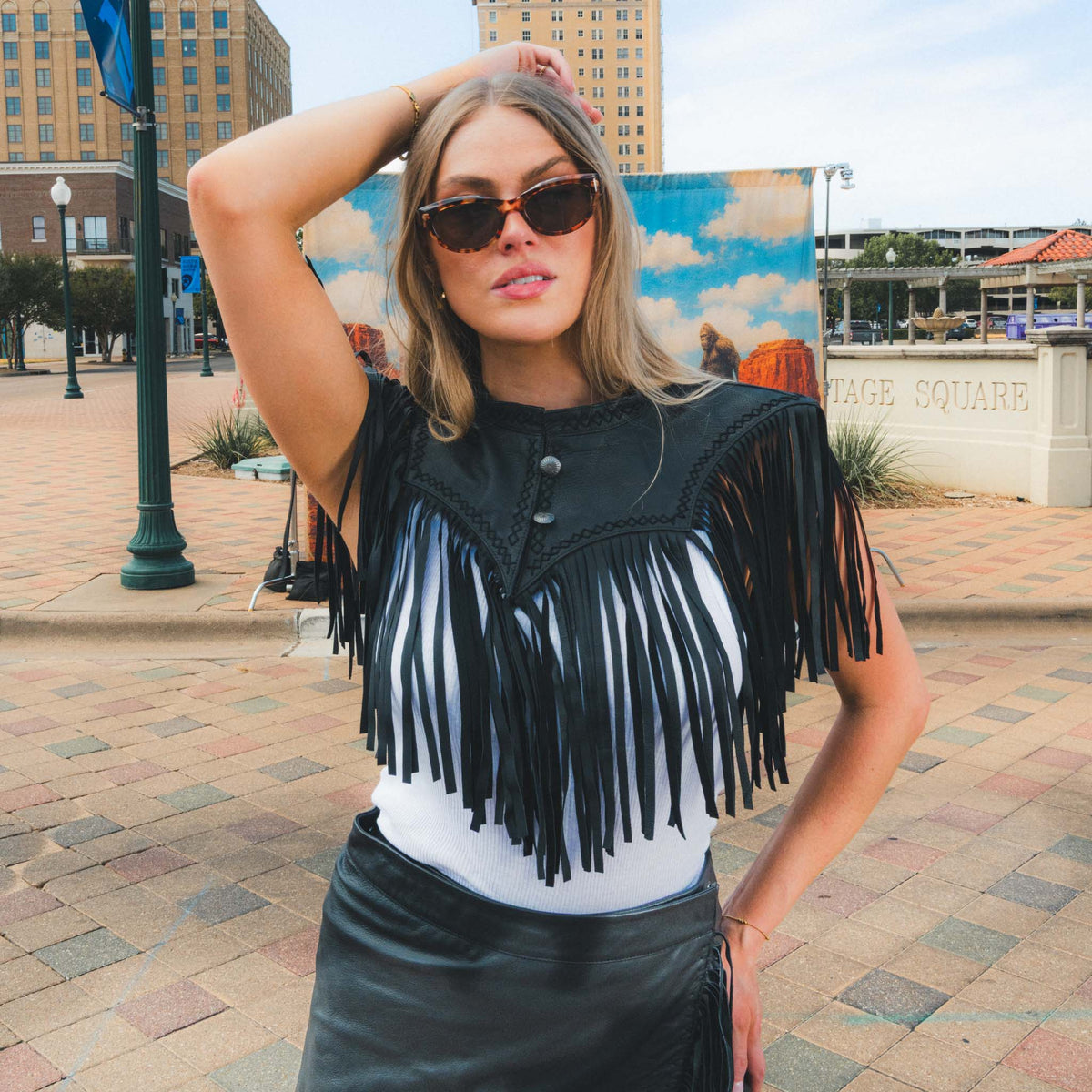 Sendero Lillie Fringe Collar Black long leather fringe falling across the chest and shoulders cowgirl