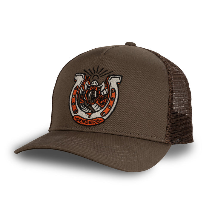 Sendero Snake Luck Hat at boltranchstore.com free shipping Brown trucker cap with a horseshoe and snake mens or womens cap brown 