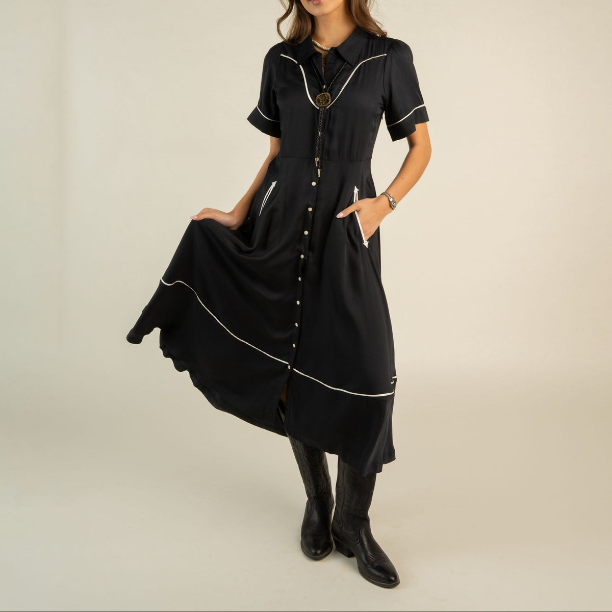 Sendero La Dahlia Dress Silky Viscose Black black silky viscose western dress womens western boutique Utah SKU SPCR124S12N
