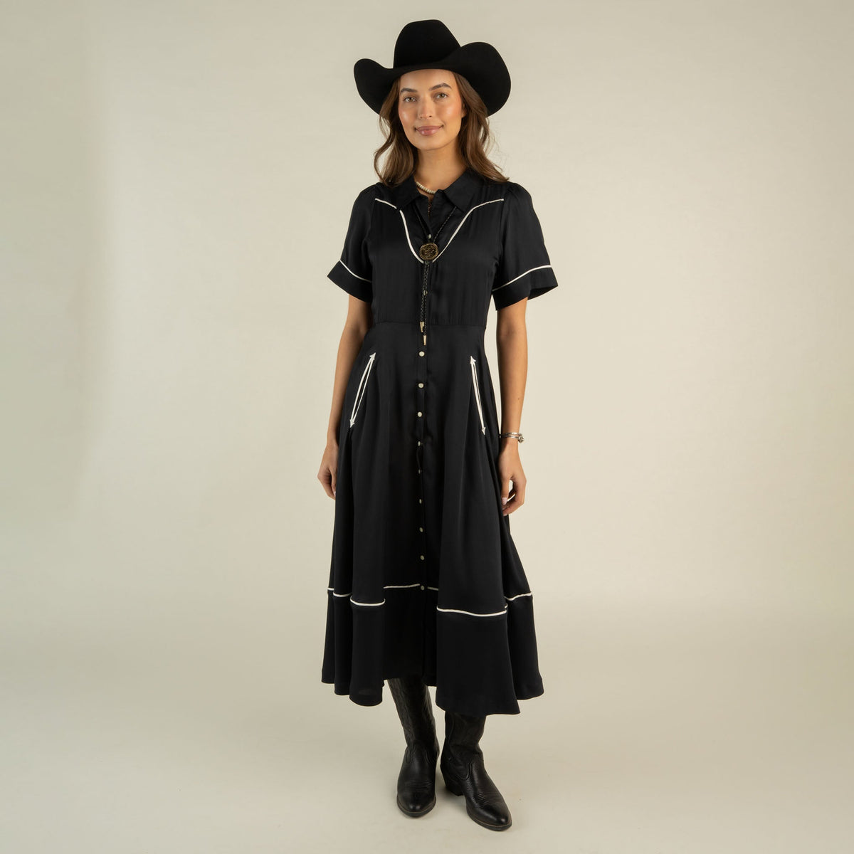 Sendero La Dahlia Dress Silky Viscose Black little black dress for rodeo season paired with boots ranch wear