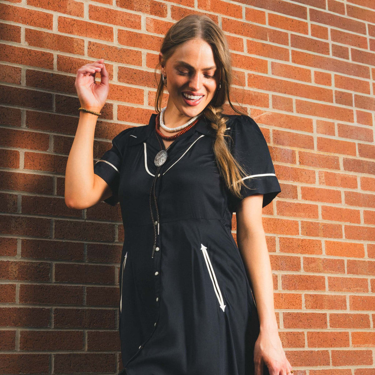 Sendero La Dahlia Dress Silky Viscose Black pearl snap closure down the front cowgirl