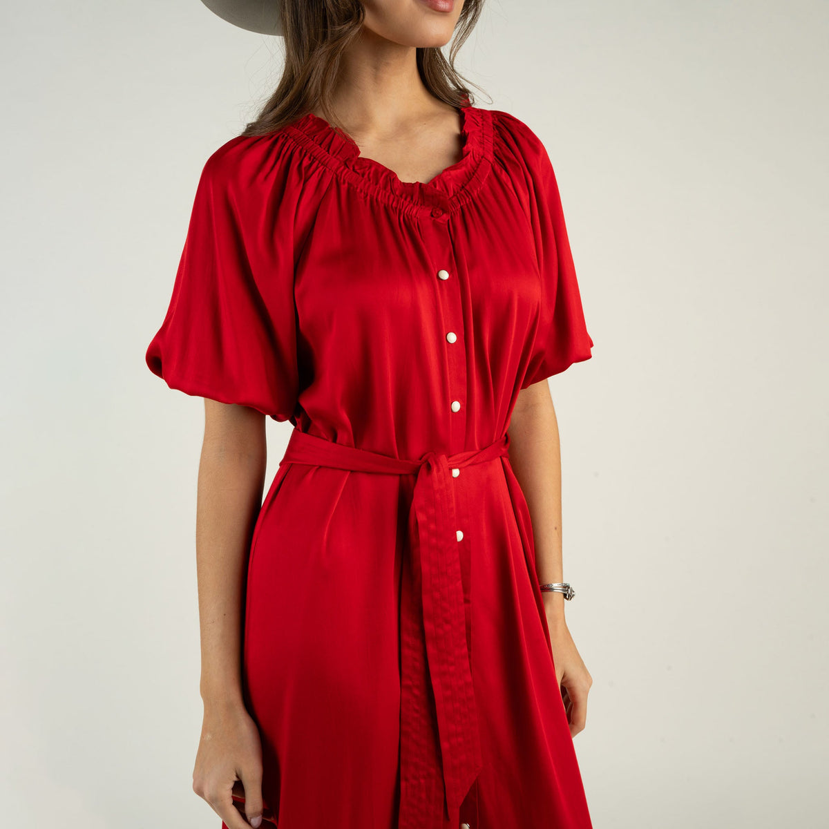Sendero Haven Dress Crimson belted for two stepping with tall cowboy boots rodeo Park City