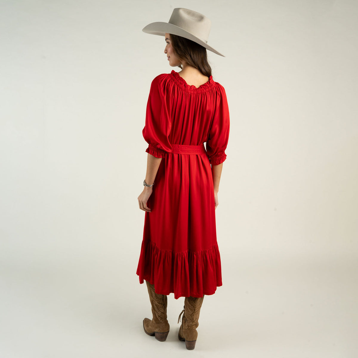Sendero Haven Dress Crimson short flutter sleeves and a gathered ruffle neckline western fashion