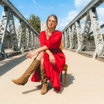 Sendero Haven Dress Crimson flowy midi length with a tiered ruffle hem and button front cowgirl