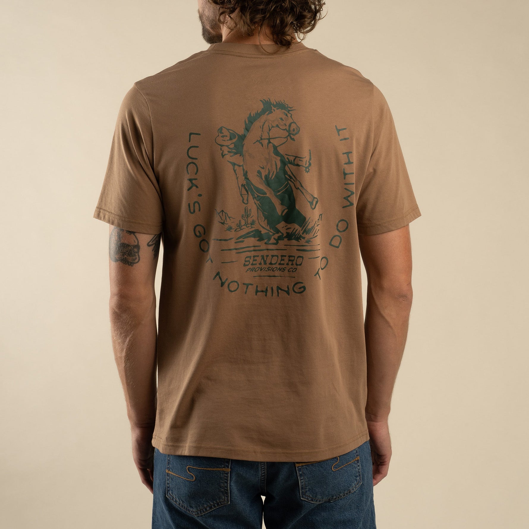 Sendero No Luck Tee Shirt at boltranchstore.com with free shipping mens western tee shirt summer shirt mens t shirt brown shirt 